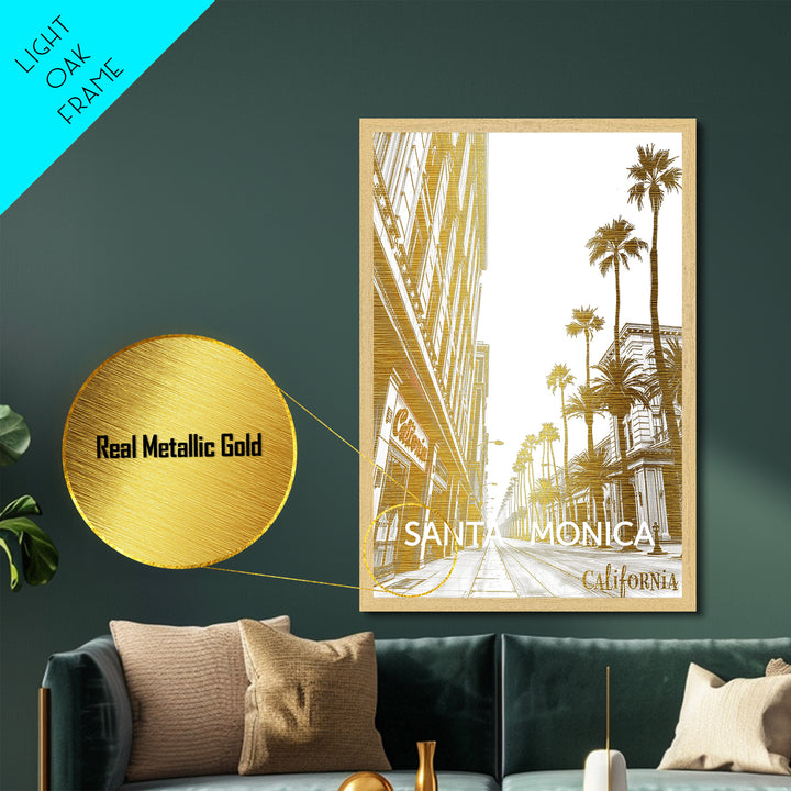 Santa Monica California travel, Metallic Gold Print, Modern House Art, Metal Art, Wood Framed Art, Wanderlust Gift, Travel Art Prints