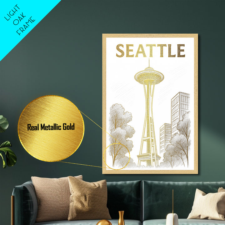 Seattle Washington travel, Metallic Gold Art, Office Decor, Metal Art, Wood Framed Art, Graduation Travel Gift, Destination Gift