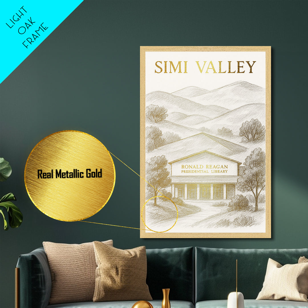 Simi Valley California travel, Metallic Gold Print, Modern House Art, Metal Art, Wood Framed Art, Traveler Gift, Destination Gift
