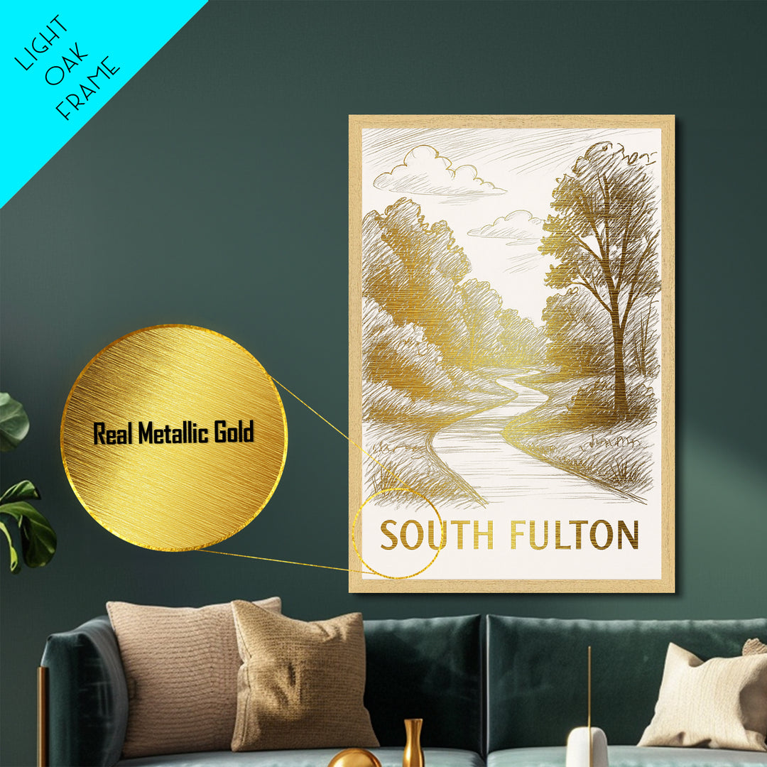South Fulton Georgia art, Metallic Gold Art, Office Decor, Metal Art, Wood Framed Art, Graduation Travel Gift, Destination Gift