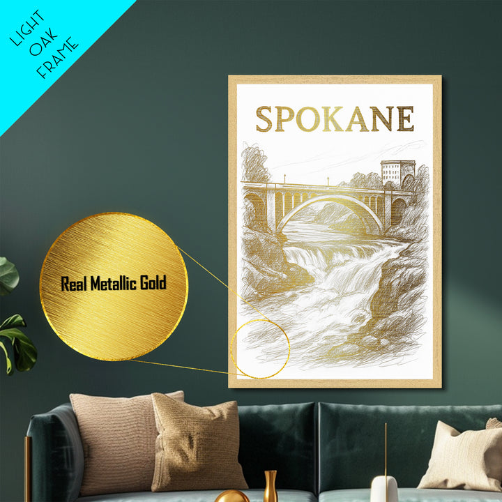 Spokane Washington travel, Metallic Gold Print, Modern House Art, Metal Art, Wood Framed Art, Traveler Gift, Destination Gift