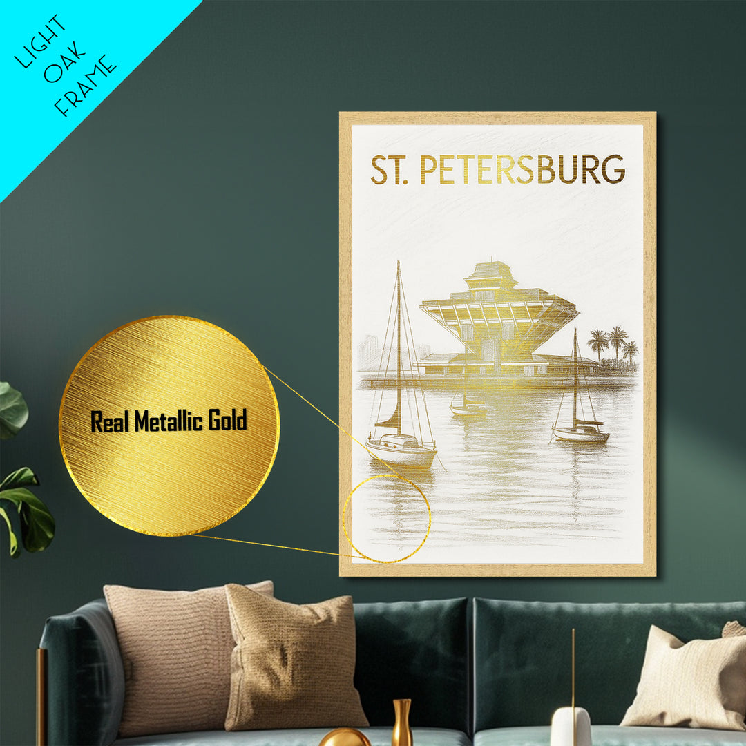 St. Petersburg Florida travel, Metallic Gold Print, Modern House Art, Metal Art, Wood Framed Art, Graduation Travel Gift, Destination Gift
