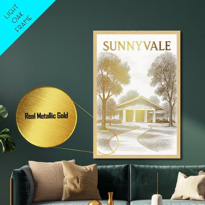 Sunnyvale California travel, Metallic Gold Print, Modern Skyline Wall Print, Metal Art, Wood Framed Art, Adventure Lover Gift, Travel Gift