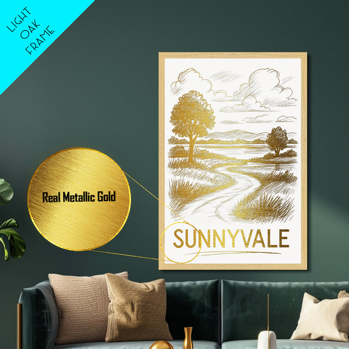 Sunnyvale California art, Metallic Gold Art, Housewarming Gift, Metal Art, Wood Framed Art, Newlywed Travel Gift, Honeymoon Gift