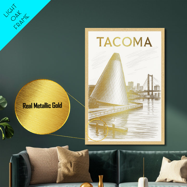 Tacoma Washington travel, Metallic Gold Print, Modern House Art, Metal Art, Wood Framed Art, Graduation Travel Gift, Destination Gift