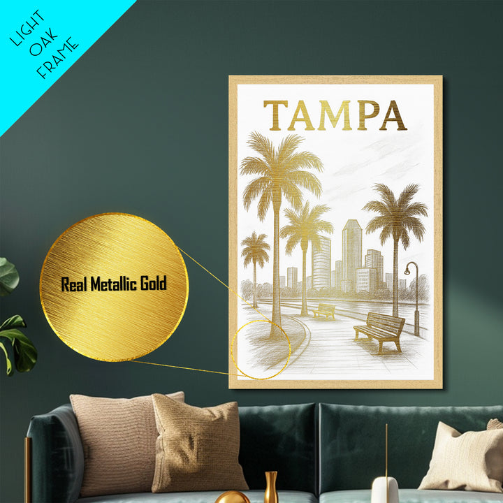 Tampa Florida travel, Metallic Gold Print, Modern Skyline Wall Print, Metal Art, Wood Framed Art, Adventure Lover Gift, Travel Gift