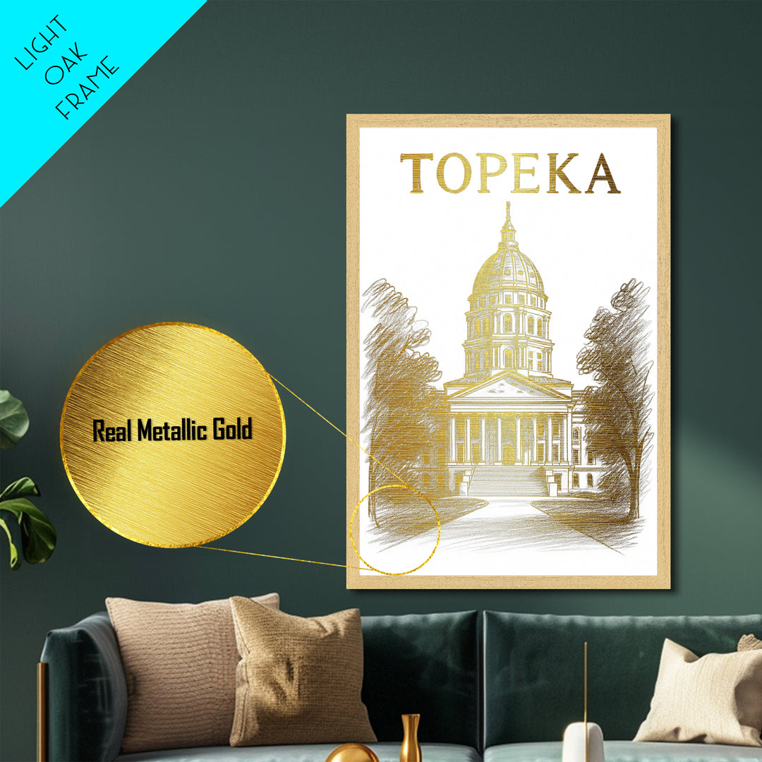 Topeka Kansas travel, Metallic Gold Print, Closing Gift, Metal Art, Wood Framed Art, Anniversary Travel Gift, Retirement Gift