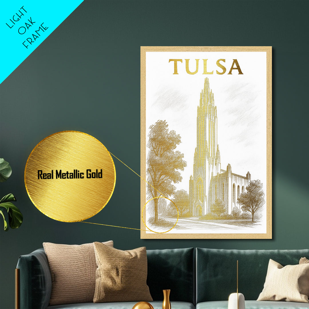Tulsa Oklahoma travel, Metallic Gold Print, College Dorm Décor, Metal Art, Wood Framed Art, Graduation Travel Gift, Traveler Gift