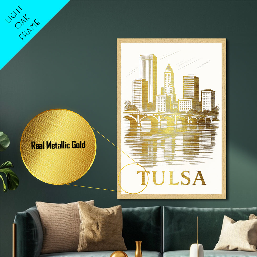 Tulsa Oklahoma art, Metallic Gold Art, Best Friend Gifts, Metal Art, Wood Framed Art, Birthday Travel Gift, Destination Gift