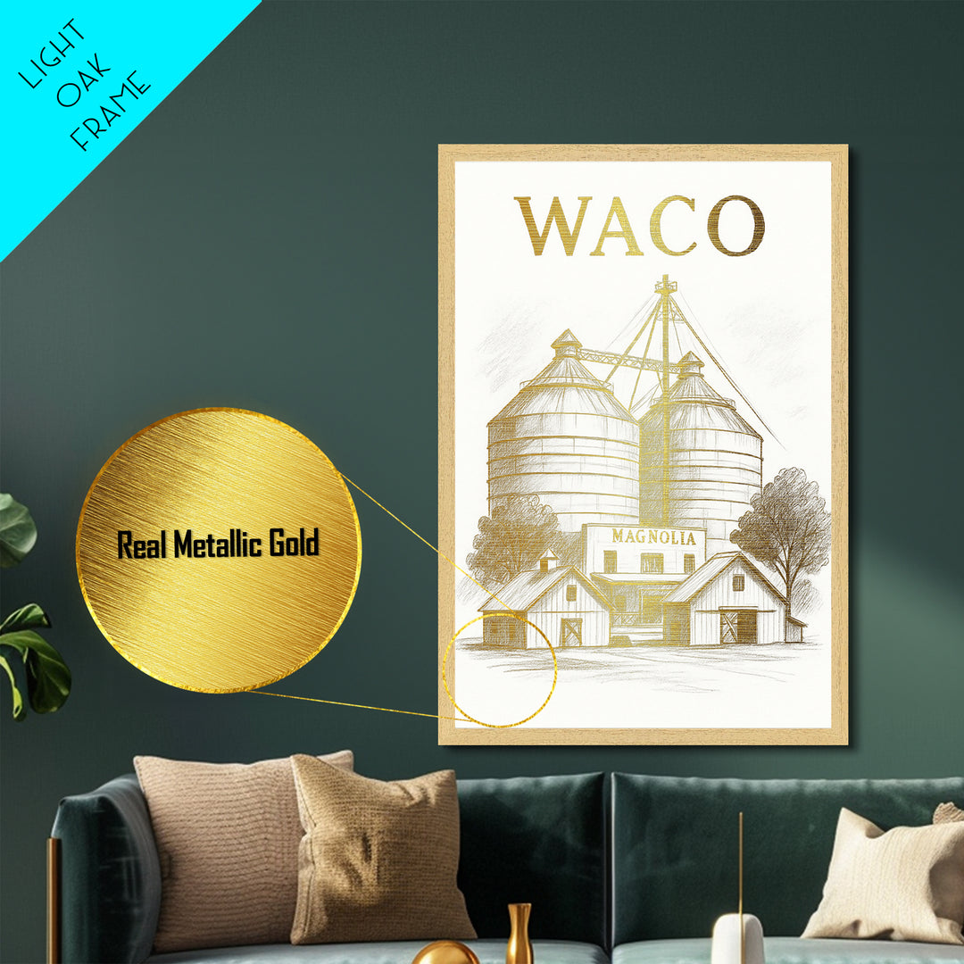 Waco Texas travel, Metallic Gold Print, Wood Framed Art, Metal Art, College Dorm Décor, Metallic Gold Print, Modern Wall Art