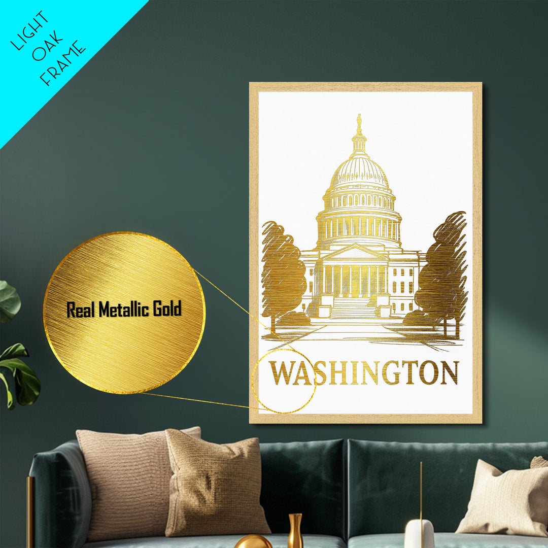 Washington DC art, Metallic Gold Art, Wood Framed Art, Metal Art, Office Decor, Metallic Gold Art, College Dorm Wall Art