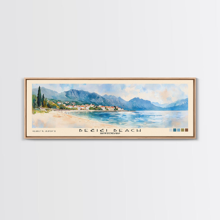 Bečići Beach, Montenegro Watercolor Print, Vacation Gift, Montenegro Wall Art, Beach Painting, Beach Decor, Large Wall Art, Wood Frame Art