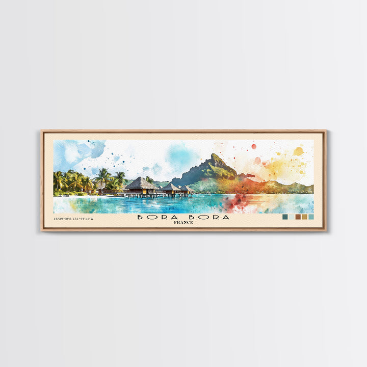 Bora Bora, France Watercolor Beach Print, Vacation Gift, France Wall Art, Framed Canvas Print, Framed Beach Painting