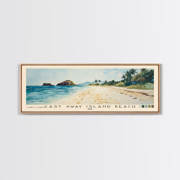 Cast Away Island Beach, Fiji Watercolor Print, Vacation Gift, Fiji Wall Art, Beach Painting, Beach Decor, Large Wall Art, Wood Frame Art