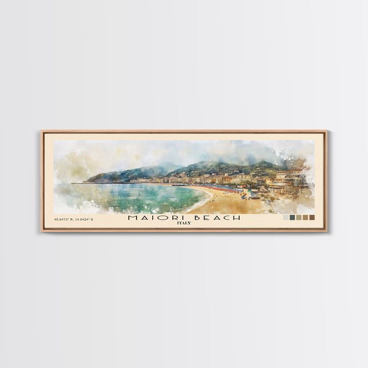 Maiori Beach, Italy Watercolor Print, Vacation Gift, Italy Wall Art, Beach Painting, Beach Decor, Large Wall Art, Wood Frame Art
