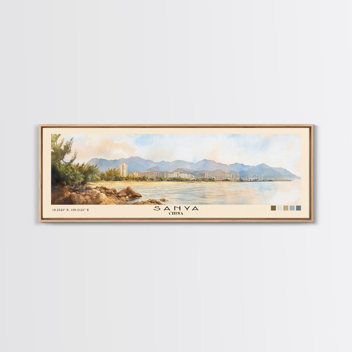 Sanya, China Watercolor Print, Vacation Gift, China Wall Art, Beach Painting, Beach Decor, Large Wall Art, Wood Frame Art