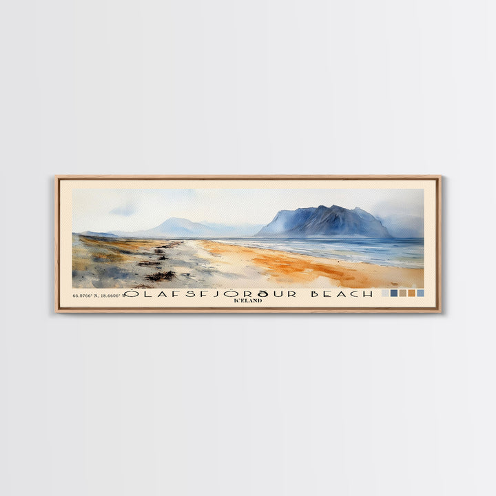 Ólafsfjörður Beach, Iceland Watercolor Print, Vacation Gift, Iceland Wall Art, Beach Painting, Beach Decor, Large Wall Art, Wood Frame Art
