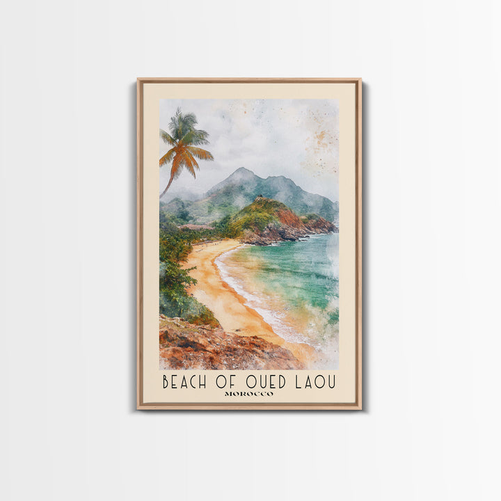 Beach of Oued Laou, Morocco Watercolor Print, Vacation Gift, Morocco Wall Art, Beach Painting, Beach Decor, Large Wall Art, Wood Frame Art
