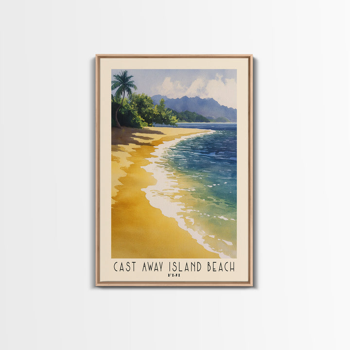 Cast Away Island Beach, Fiji Watercolor Print, Vacation Gift, Fiji Wall Art, Beach Painting, Beach Decor, Large Wall Art, Wood Frame Art