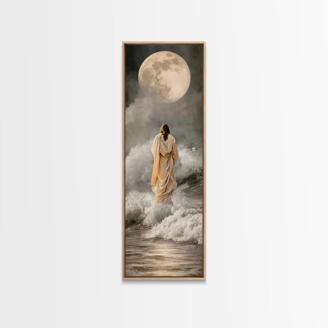 Moonlit Footsteps – Framed Canvas Print – Tall Skinny Art Print – Jesus Painting – Christian Art Canvas – Christian Wall Art