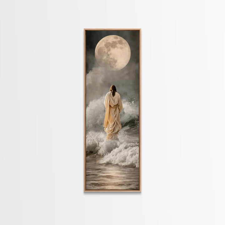 Moonlit Footsteps – Framed Canvas Print – Tall Skinny Art Print – Jesus Painting – Christian Art Canvas – Christian Wall Art