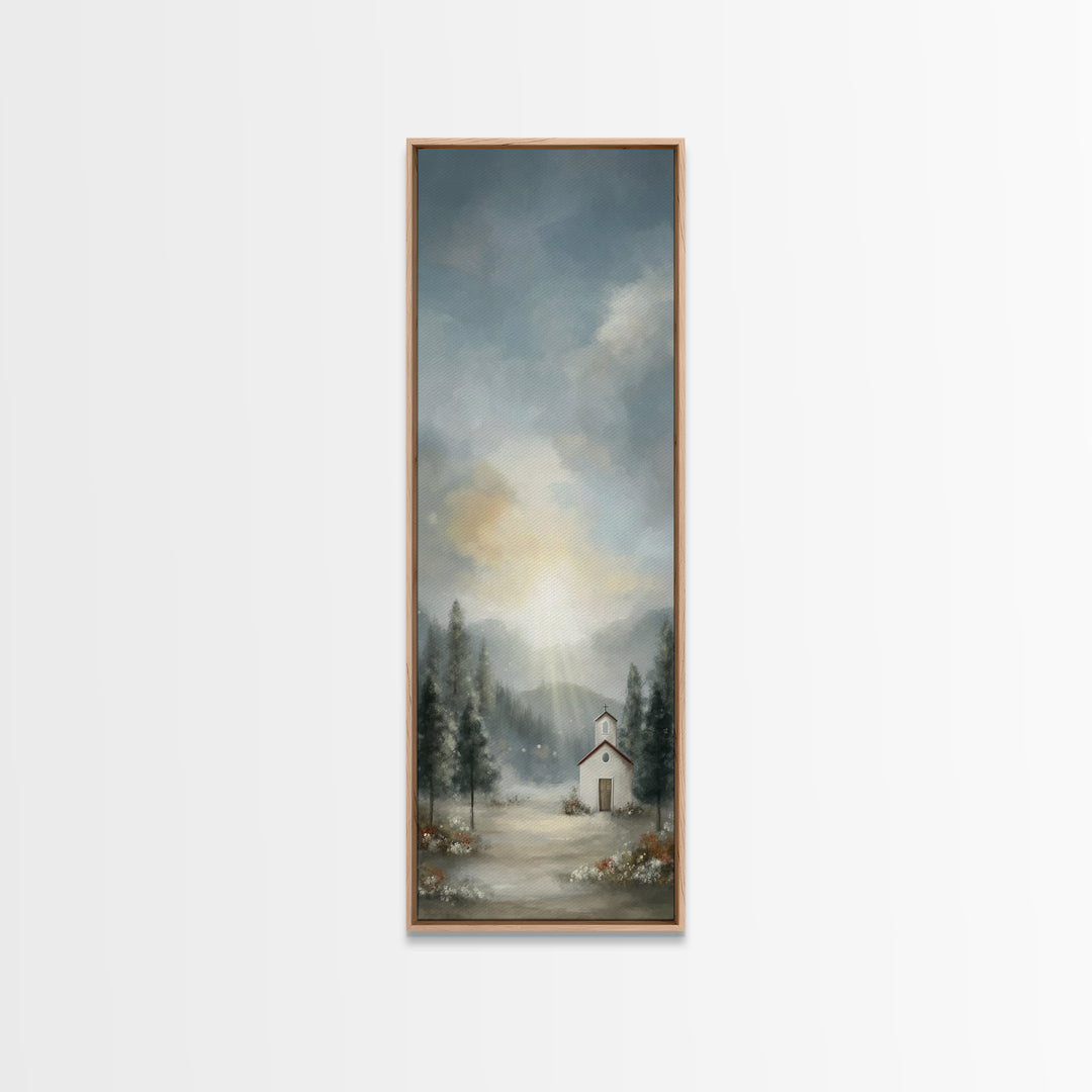 Mountain Chapel Radiance – Framed Canvas Print – Christian Art Canvas – Christian Christmas Art – Christmas Wall Art – Narrow Art – Framed