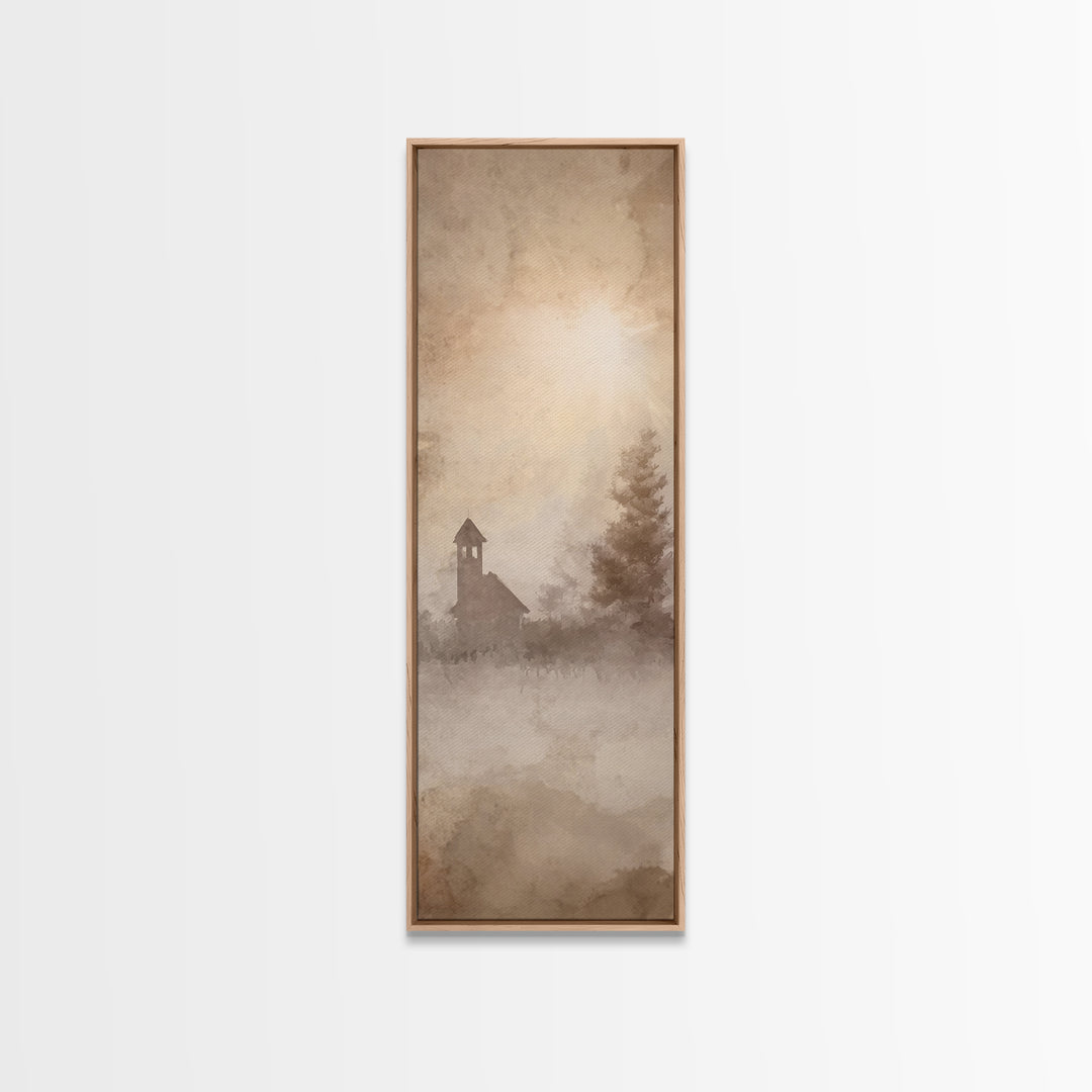 Misty Chapel Glow – Framed Canvas Print – Christian Art Canvas – Christian Wall Art – Christian Christmas Art – Narrow Art – Christian Art
