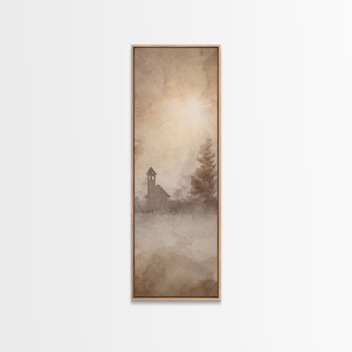 Misty Chapel Glow – Framed Canvas Print – Christian Art Canvas – Christian Wall Art – Christian Christmas Art – Narrow Art – Christian Art