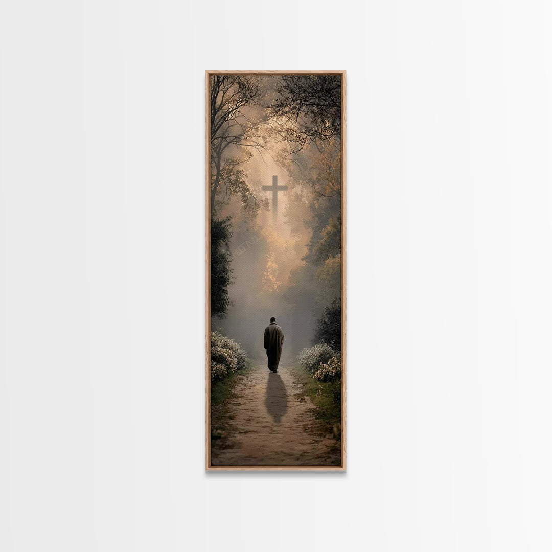 Forest Cross Path – Framed Canvas Print – Christian Christmas Art – Christian Wall Art – Christian Art Canvas – Tall Skinny Art Print – Chr