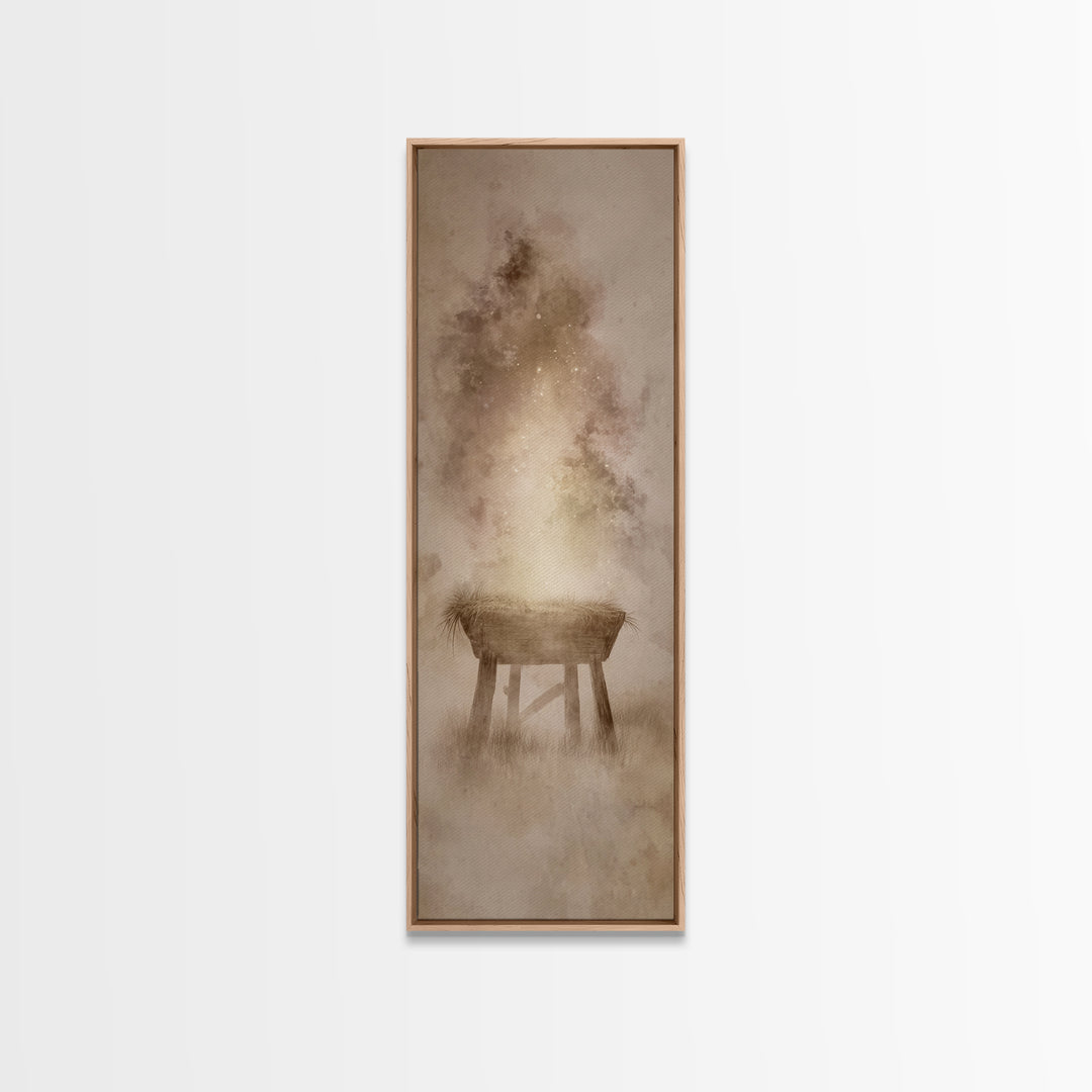 Manger Of Light, Framed Canvas Print, Christian Wall Art, Tall Narrow Wall Art, Christmas Art Prints, Christian Christmas Art, Unique Chris