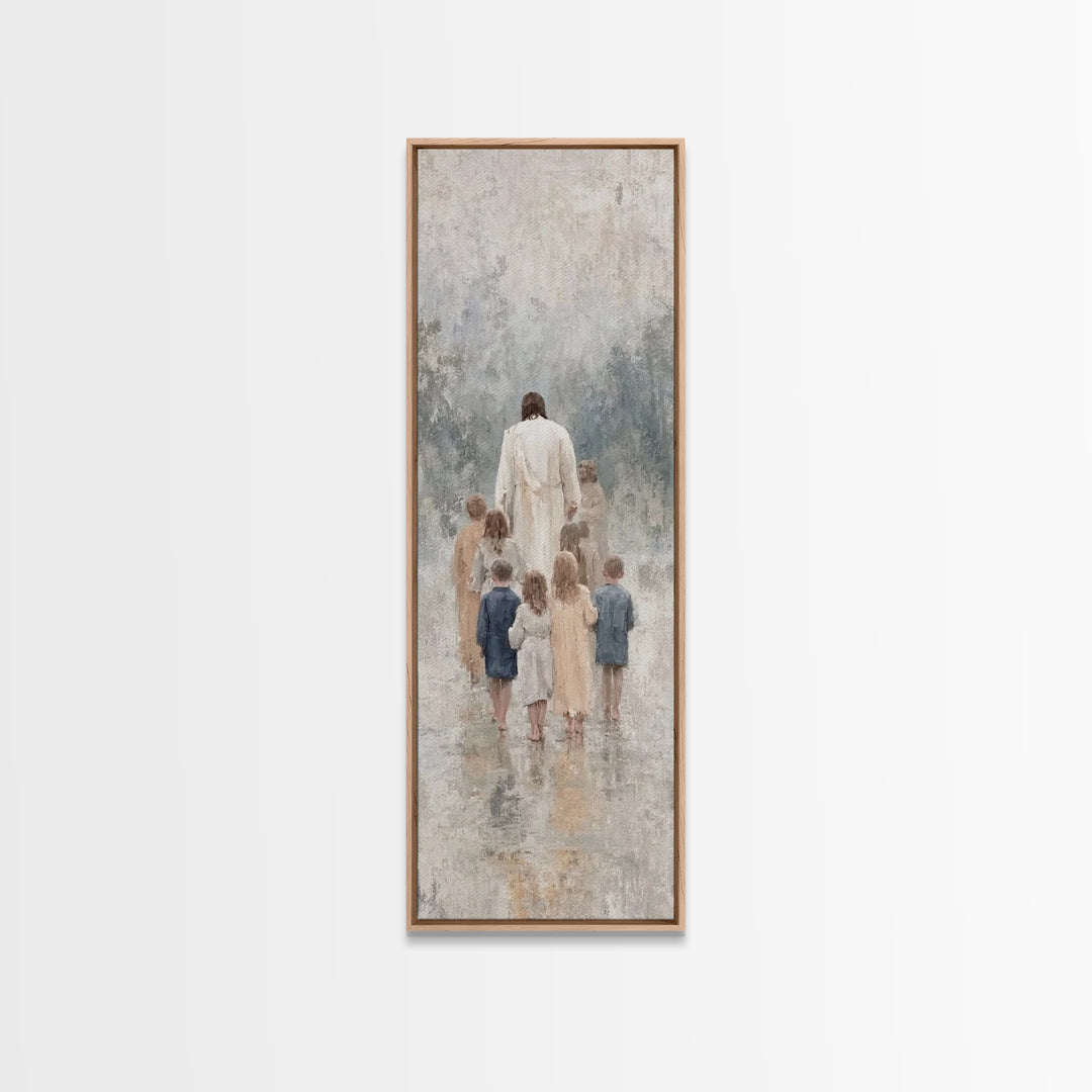 Walking With Jesus | Framed Canvas Print | Tall Narrow Wall Art | Christian Art Print | Jesus Painting | Christian Decor | Subtle Christian