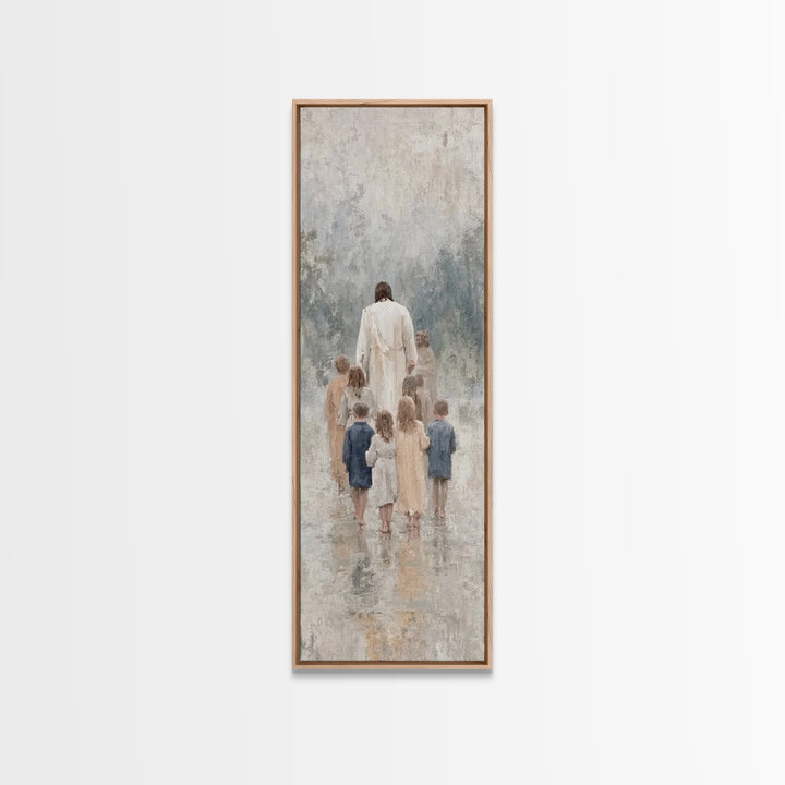 Walking With Jesus | Framed Canvas Print | Tall Narrow Wall Art | Christian Art Print | Jesus Painting | Christian Decor | Subtle Christian