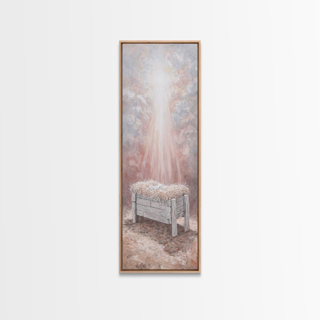 Humble Manger Glow - Framed Canvas Print - Christian Art Canvas - Christian Wall Art - Jesus Painting - Narrow Art - Christian Christmas Ar