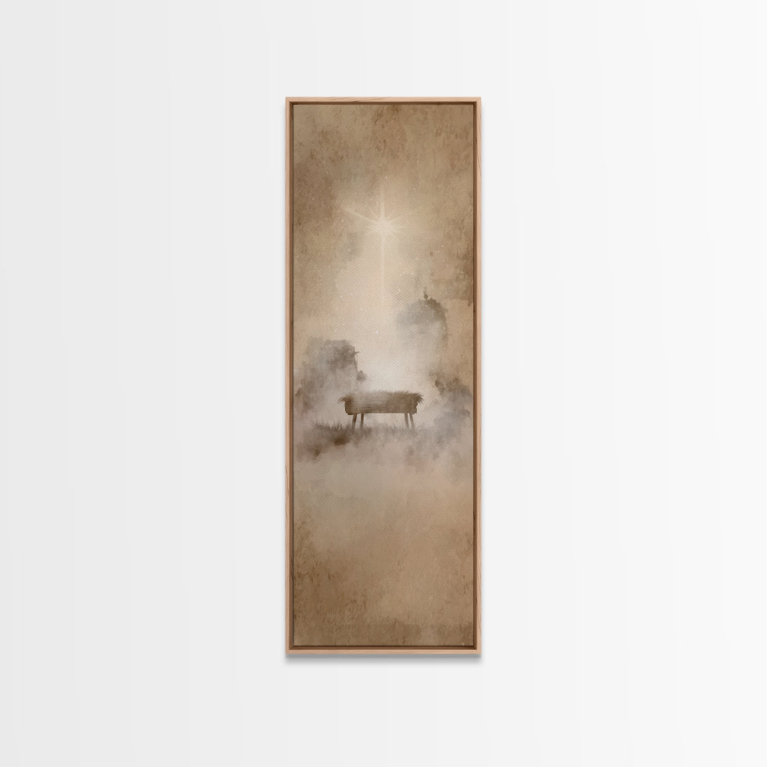 Manger Dawn Glow – Framed Canvas Print – Christian Christmas Art – Christian Wall Art – Narrow Art – Jesus Painting – Christian Art Canvas