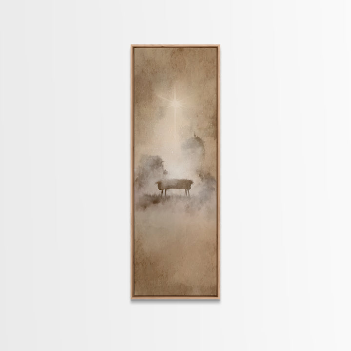 Manger Dawn Glow – Framed Canvas Print – Christian Christmas Art – Christian Wall Art – Narrow Art – Jesus Painting – Christian Art Canvas