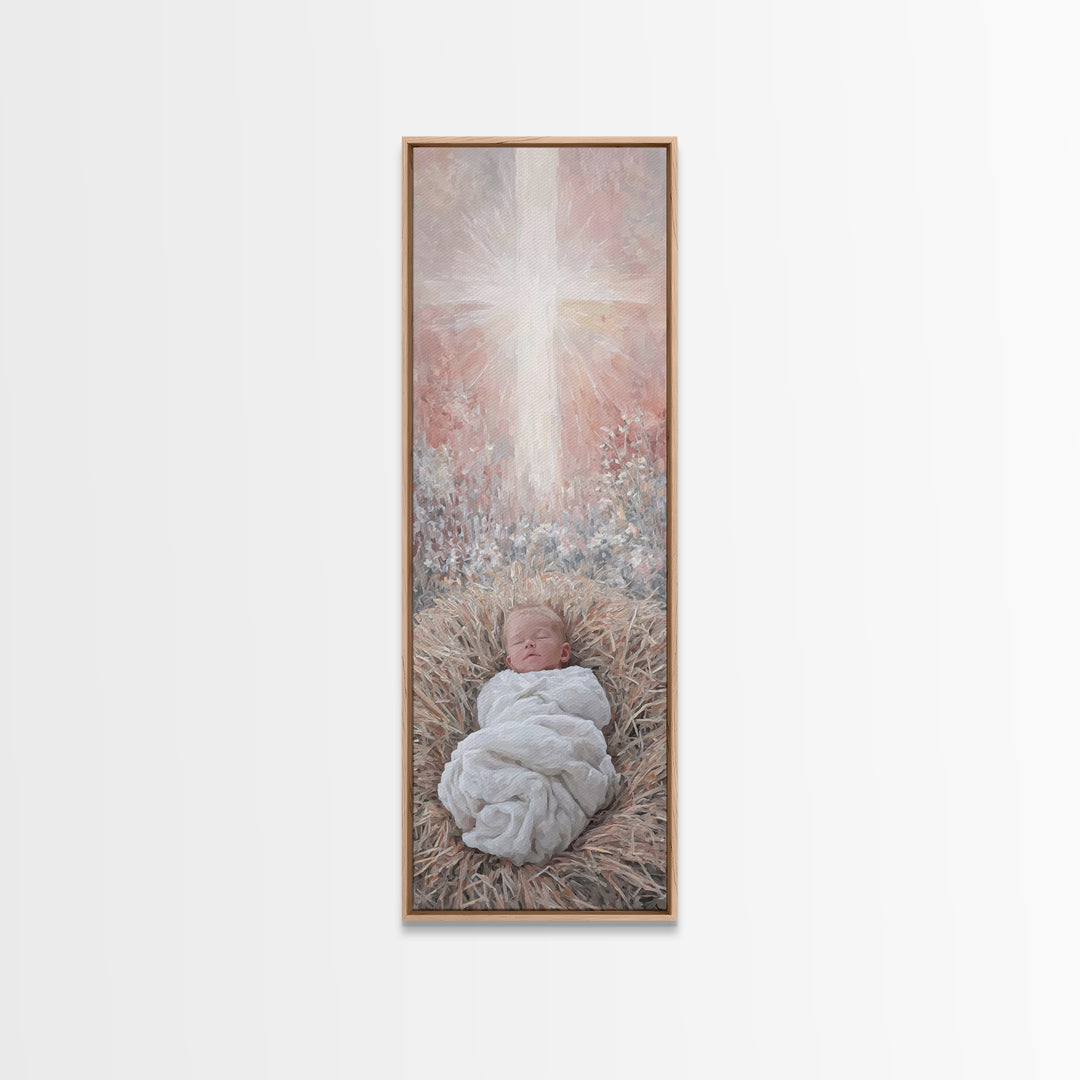Sacred Manger Light | Framed Canvas Print | Christian Art Canvas | Christian Wall Art | Jesus Painting | Skinny Art