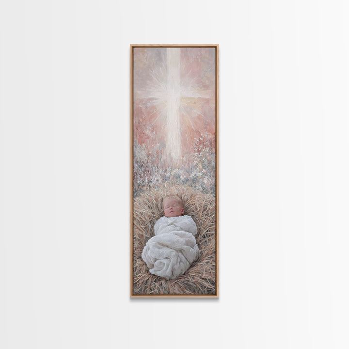Sacred Manger Light | Framed Canvas Print | Christian Art Canvas | Christian Wall Art | Jesus Painting | Skinny Art