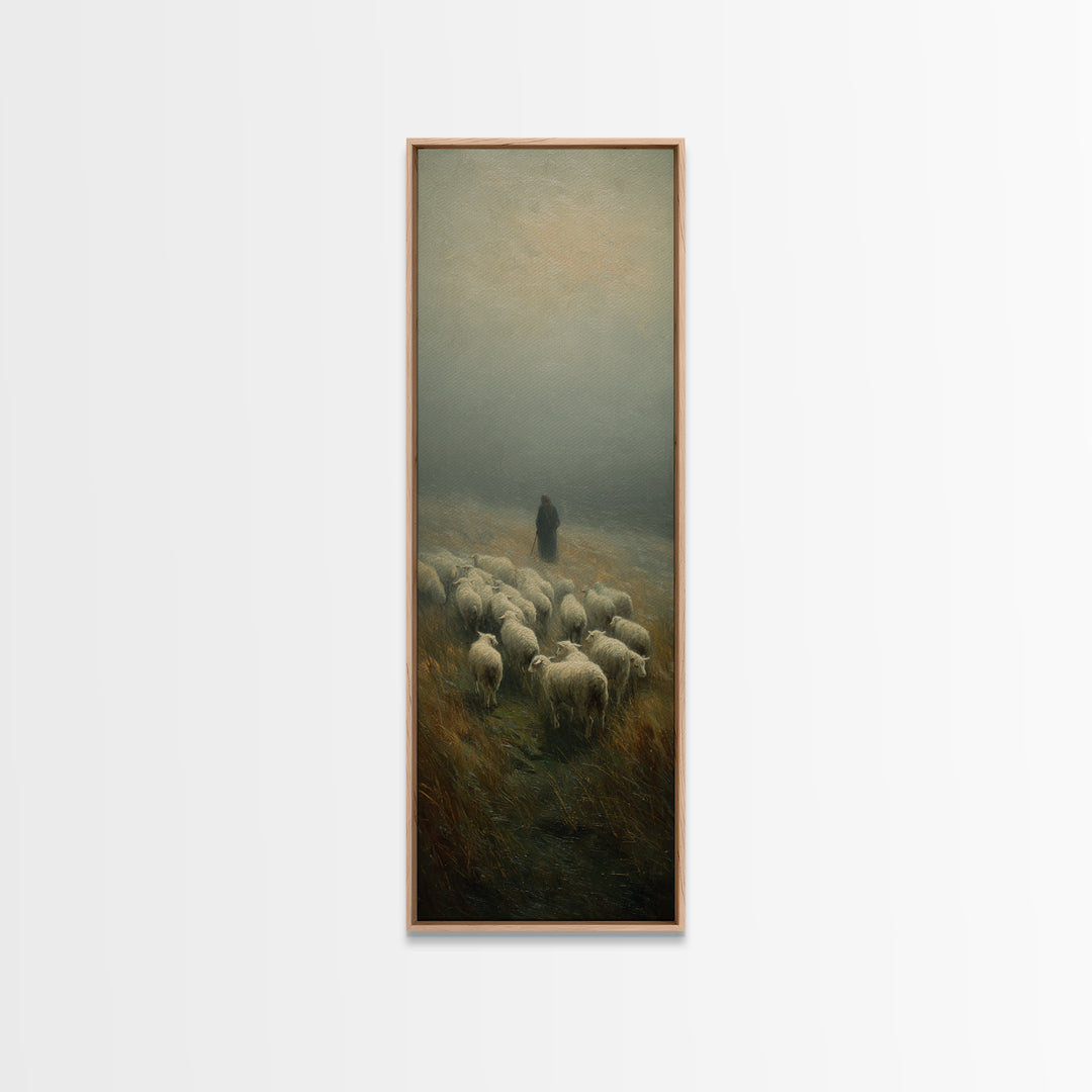 Misty Shepherd Peace, Framed Canvas Print, Christian Wall Art, Skinny Art, Jesus Painting, Christian Art Canvas, Christmas Art, Christian D