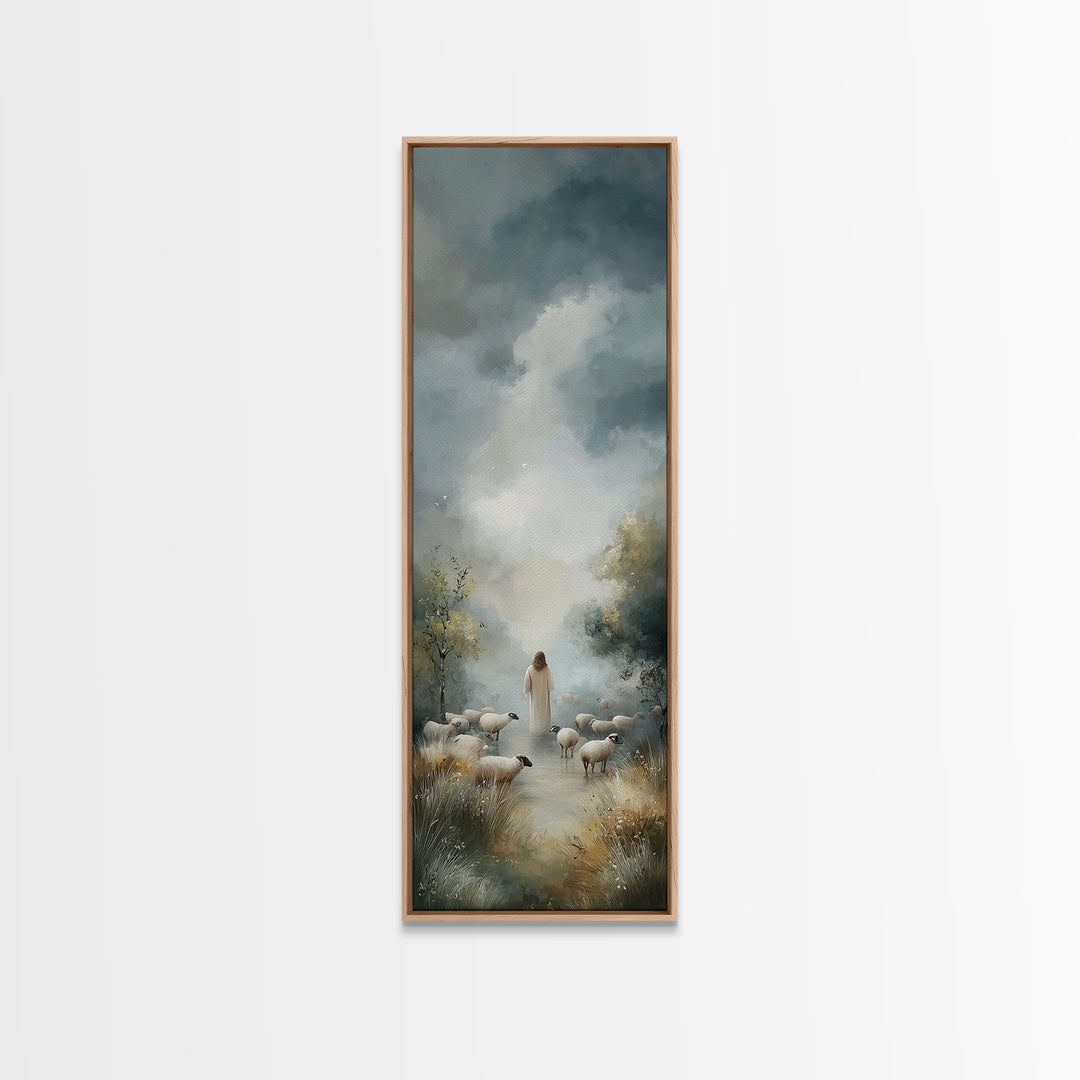 Cloudbound Shepherd – Framed Canvas Print – Christian Wall Art – Jesus Painting – Christian Art Canvas – Tall Skinny Art Print – Christian