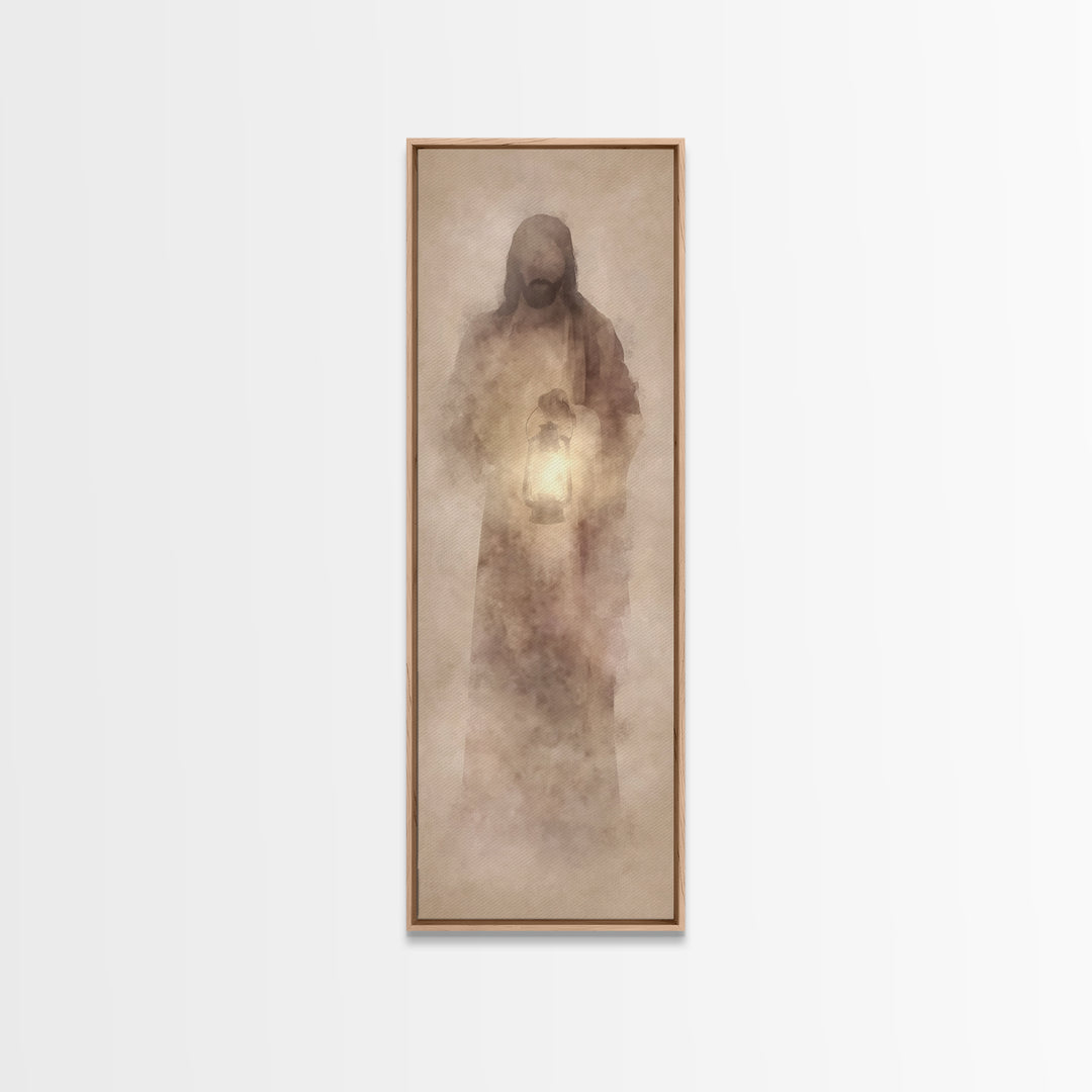 Soft Dawn Presence – Framed Canvas Print – Skinny Art – Christian Art Canvas – Christian Wall Art – Jesus Painting – Narrow Art – Modern Ch