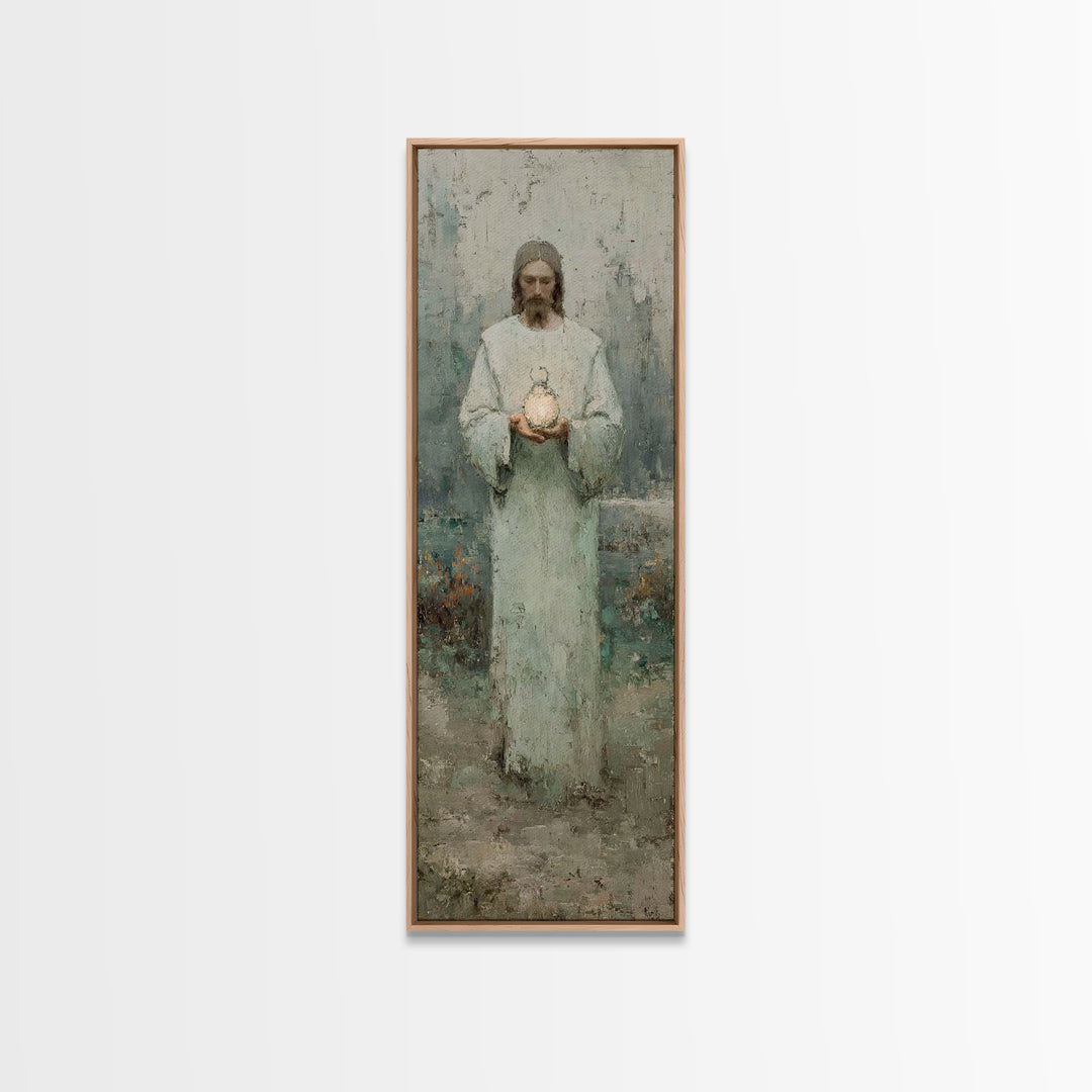 Hushed Lantern Grace – Framed Canvas Print – Narrow Art – Christian Wall Art – Christian Art Canvas – Jesus Painting – Skinny Art – Large C
