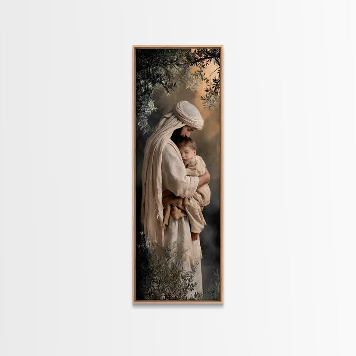 Shepherd’s Quiet Hold | Framed Canvas Print | Christian Wall Art | Jesus Painting | Christian Art Print | Tall Skinny Art Print | Christian