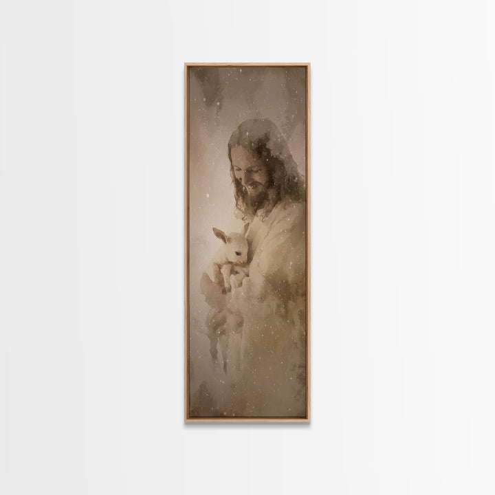 Shepherd’s Embrace – Framed Canvas Print – Christian Wall Art – Jesus Painting – Christian Art Canvas – Narrow Art – Christmas Art Prints