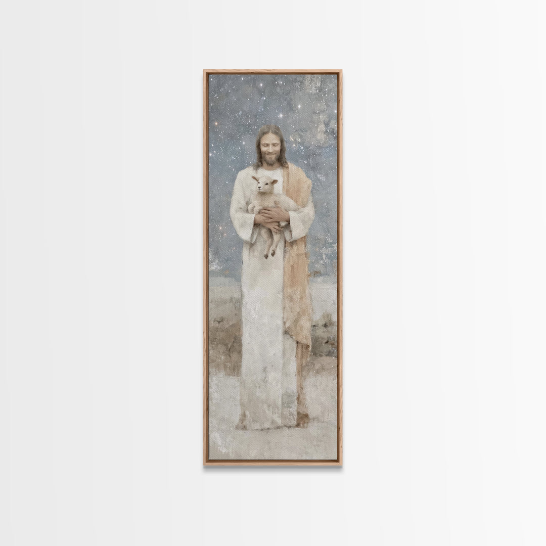 Gentle Shepherd Light – Framed Canvas Print – Christian Wall Art – Jesus Painting – Tall Narrow Wall Art – Christian Art Canvas