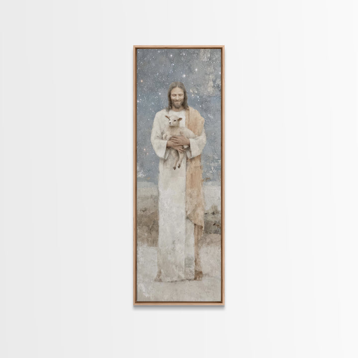 Gentle Shepherd Light – Framed Canvas Print – Christian Wall Art – Jesus Painting – Tall Narrow Wall Art – Christian Art Canvas