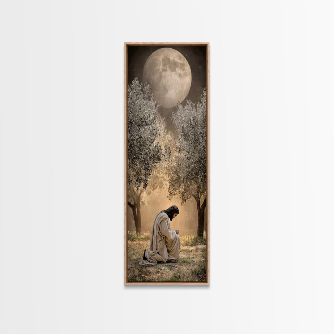 Moonlit Garden Prayer – Framed Canvas Print – Christian Wall Art – Jesus Painting – Tall Narrow Wall Art – Christian Art Canvas