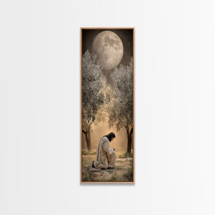 Moonlit Garden Prayer – Framed Canvas Print – Christian Wall Art – Jesus Painting – Tall Narrow Wall Art – Christian Art Canvas