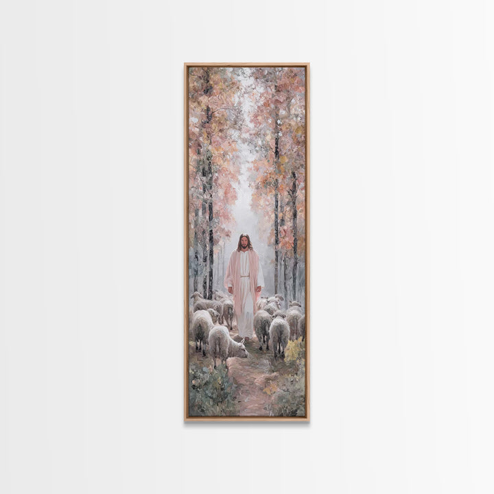 Autumn Shepherd Path – Framed Canvas Print – Tall Skinny Art Print – Christian Painting – Jesus Art Print – Christian Wall Art