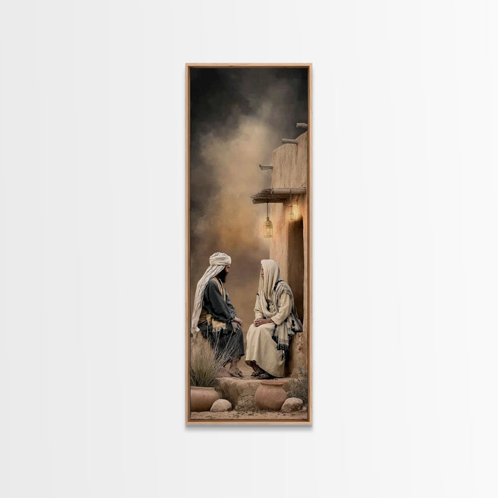 Living Water Meeting – Framed Canvas Print – Narrow Art – Christian Art – Christian Wall Art – Jesus Painting – Christian Art Canvas