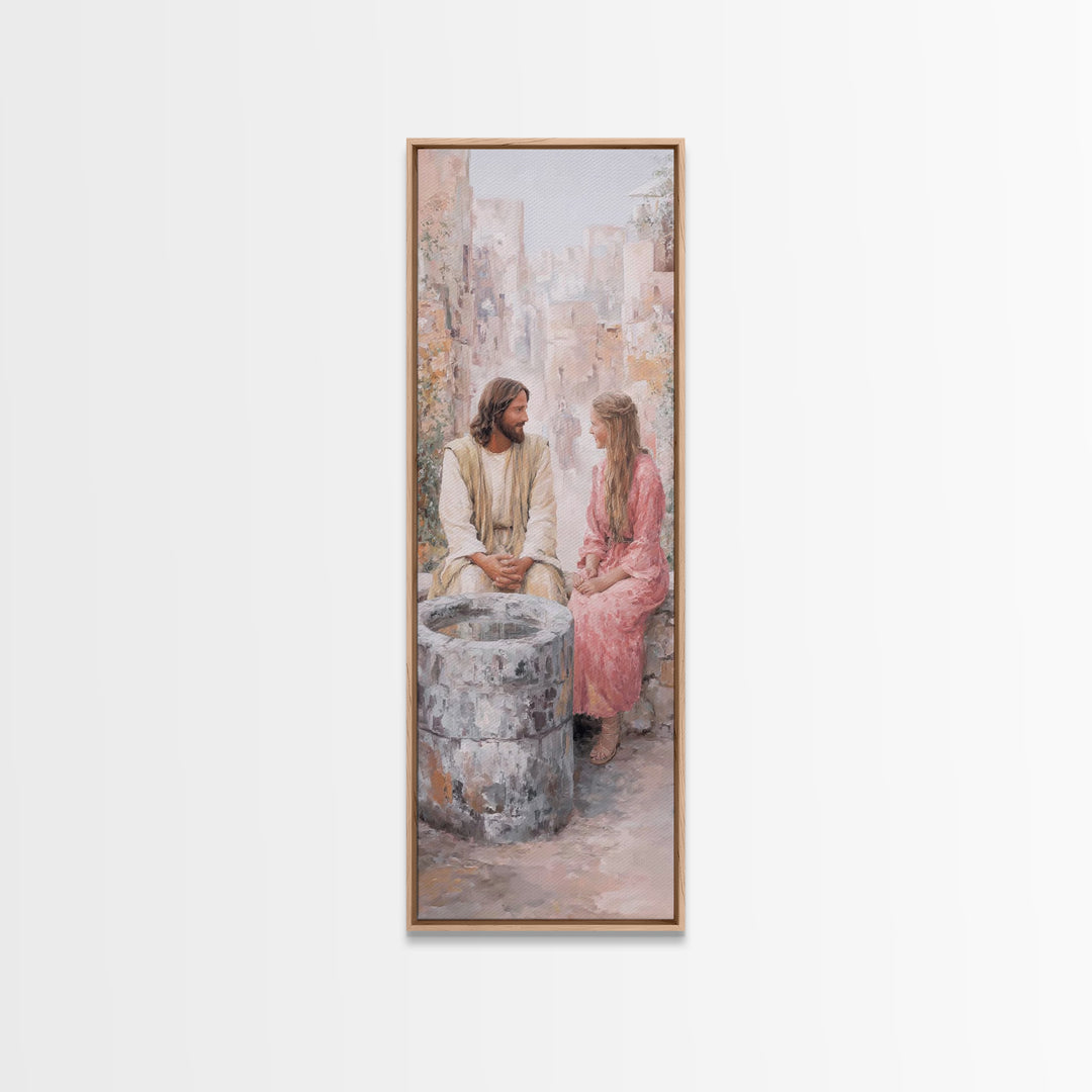Timeless Well Gathering – Framed Canvas Print – Tall Narrow Wall Art – Jesus Painting – Christian Art Canvas – Christian Wall Art – Christi